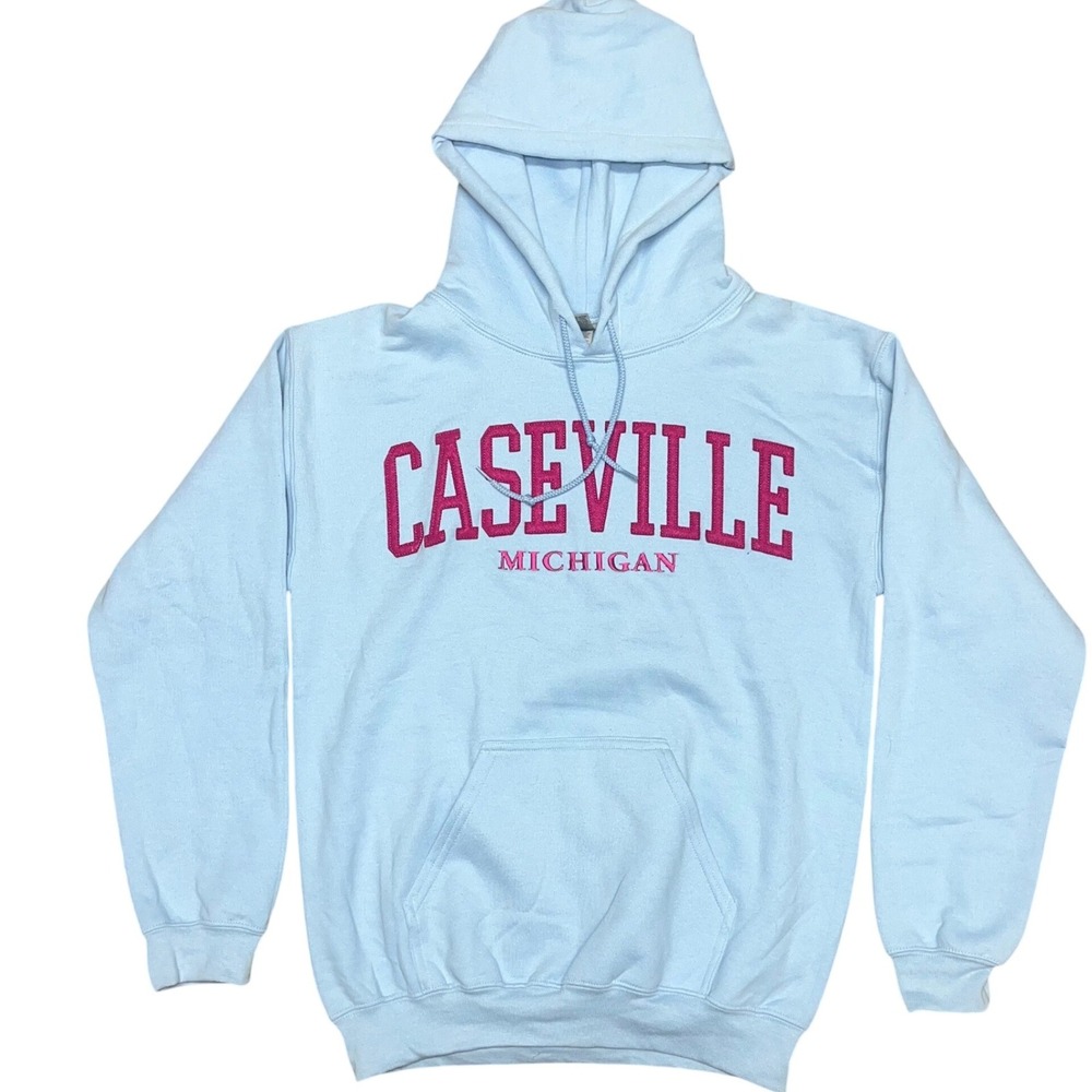 Caseville Michigan | Womens S Embroidered Hoodie | Light Blue Pink Sweatshirt